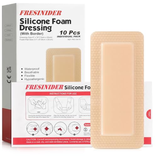 FRESINIDER Silicone Foam Dressing 4” x 10”, 10 Pack – Waterproof 5-Layer Bordered Silicone Foam Dressing, Large Adhesive Dressing for Long Surgical Incisions, Bedsores, Pressure Ulcers & Wound Care - color: 4" X 10" X 10pack