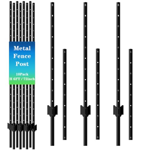 10 Pack Metal Fence Post, 6FT Heavy Duty U-Post for Wire Fence, No Dig T Posts Garden Fencing Stakes for Temporary Fencing, Electric Fence Wire, Corner Anchor - size: 6FT-10P