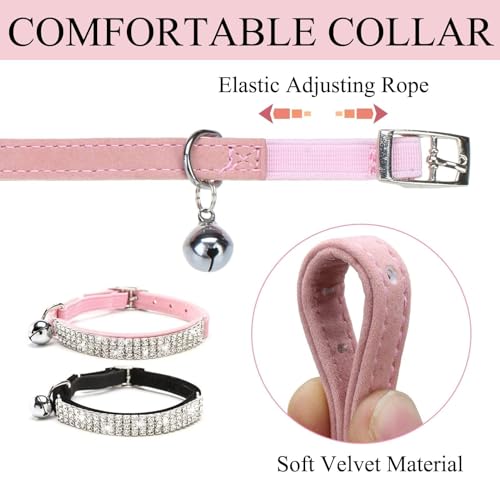BINGPET Diamond Cat Collar with Bell,Adjustable Kitten Collar, Pink&Black - color: Pink & Black(Rhinestones), size: Neck Girth 8"-10"