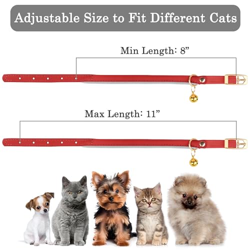OOPSDOGGY Rolled Leather Cat Collar with Bell - Reflective Kitten Collar with Safety Elastic Strap - Adjustable Small Pet Collars for Boy Girl Cats (Red) - color: Red