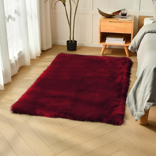 duduta Burgundy Faux Sheepskin Fur Rug 3x5 ft, Fluffy Carpet Rug - color: Burgundy, size: 3' x 5'