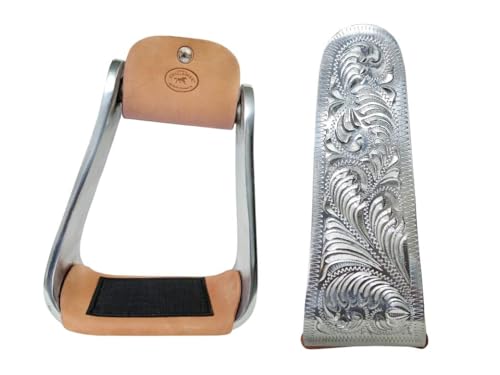 CHALLENGER Horse 5" Wide Western Saddle Engraved Aluminum Angled Slanted Bell Stirrups Pair 51249