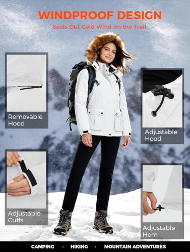 Wantdo Women's Waterproof Ski Jacket Windproof Winter Snow Coat Mountain Snowboarding Jackets Outdoor Fleece Parka - color: White, size: Large