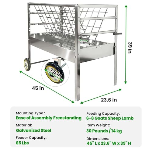 2 in 1 Hay and Grain Feeder on Wheels for Goats Sheep Lambs, Separated Feeding System to Minimize Hay Waste, Galvanized Steel Mobile Cart, Rust Resistant