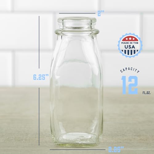 kitchentoolz 12 Oz Square Glass Milk Bottles with Lids (4 Pack) – Reusable Glass Creamer Bottles for Milk, Juice, and More – Includes Tamper-Proof Caps and One Silicone Pour Spout - size: 12 Ounce