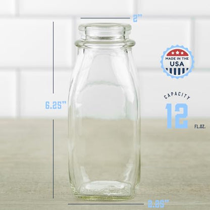 kitchentoolz 12 Oz Square Glass Milk Bottles with Lids (4 Pack) – Reusable Glass Creamer Bottles for Milk, Juice, and More – Includes Tamper-Proof Caps and One Silicone Pour Spout - size: 12 Ounce