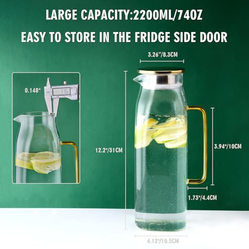 GLASKEY 74oz Square Glass Pitcher with Lid and Handle for Fridge,Borosilicate Glass Carafe for Hot or Cold Drink, Large Jug for Iced Tea,Coffee,Juice,Homemade Beverage (Gold) - size: 74 Ounces