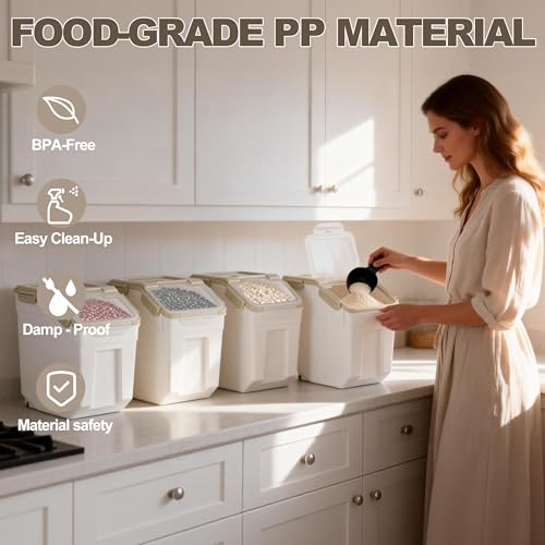 RUIAN 25lb Flour Rice Storage Containers Bin, Large Airtight Storage Container with Wheels Seal Locking Lid, with Measuring Cup&Scoop for Flour, Rice, Grain(Gray 4PCS) - color: Gray 4Pack 25Lb