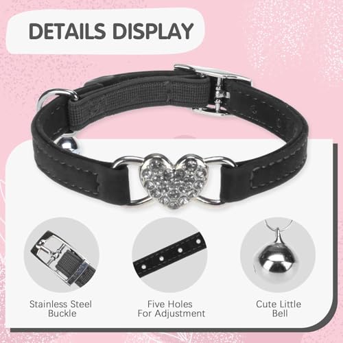 BINGPET Diamond Cat Collar with Bell, Adjustable Kitten Collar, Pink&Black - color: Pink & Black(Heart), size: Neck Girth 8"-10"