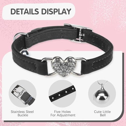BINGPET Diamond Cat Collar with Bell, Adjustable Kitten Collar, Pink&Black - color: Pink & Black(Heart), size: Neck Girth 8"-10"