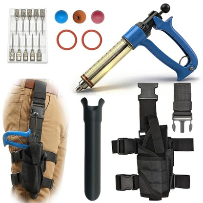 50mL Adjustable Repeater Syringe + Heavy Duty Belt Holster Continuous Injector (1-5mL) & Hands Free Carrier Bundle for Cattle, Sheep & Swine, Blue Syringe & Black Holster - color: 50mL Blue Syringe + Black Holster