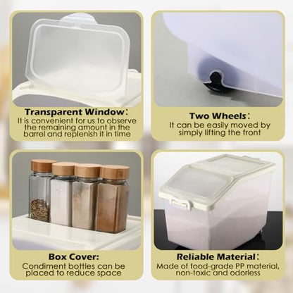 Sunnyray 4 Pcs Rice Storage Container Bulk 27.6 lb Airtight Flour Container with Wheels and Lids Measuring Cup Clear Pet Food Dog Birds Cat Food Bin Grain Cereal Organizer Box(Cream) - color: Cream