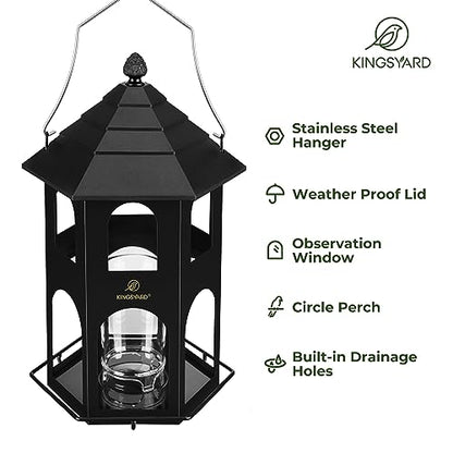 Kingsyard Metal Bird Feeder for Outdoor Hanging, Wild Bird Feeders with Circular Perch, Easy to Clean & Refill, 4 lbs Large Seed Capacity, Black - color: Black