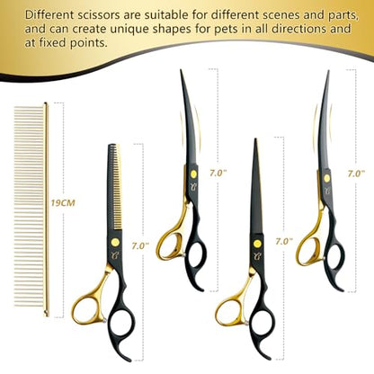 Dog Grooming Scissors-7" Dog Grooming Shears Set 5PCS Black Gold | Paint Coated Curved Scissors Thinning Scissors with Safety Round Tips, Sharp and Durable