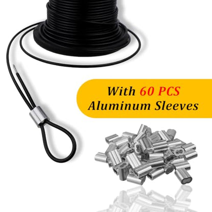 Vinyl Coated Wire Rope 304 Stainless Steel Coated Wire Cable-Black, 1/16" OD to 3/32" x 200FT, with 60 Pcs Crimping Sleeves-Cable for String Lights, Suitable for Clotheslines - size: 200FT
