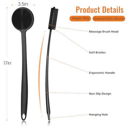 Silicone Back Scrubber for Shower, 17in Lengthen Long Handle Body Brush, Double Sided Shower Brush for Shower Exfoliating and Massage Can Produce Rich Foam, Long Handle Back Scrubber for Men - color: Black