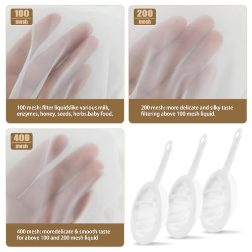 3-Piece Fine Mesh Strainer Set, 400/200/100 Mesh Nylon Sieve with Handle for Tea, Coffee, Nut Milk, Juice, Yogurt, Broth - Reusable, Dishwasher Safe Food Strainers