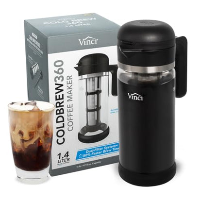 VINCI Cold Brew 360 Dual-Filter Iced Coffee Maker, 47 oz Glass Pitcher - size: 1.4 Liters - Glass Pitcher