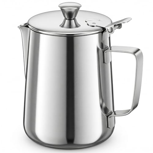 QWORK 600 mL 304 Stainless Steel Coffee Cup, Milk Frothing Pitcher with Lid, Latte Art Steaming Jug with Precision Pour Spout and Ergonomic Handle for Espresso Cappuccino Coffee