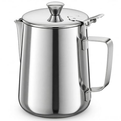 QWORK 600 mL 304 Stainless Steel Coffee Cup, Milk Frothing Pitcher with Lid, Latte Art Steaming Jug with Precision Pour Spout and Ergonomic Handle for Espresso Cappuccino Coffee