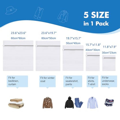 5Pcs Laundry Bags Mesh Wash Bags, Delicate Laundry Bags for Clothes, Hosiery, Underwear, Bed linen - 5 Size - color: White, size: Delicates 5 pcs