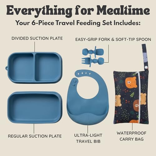 Baby Travel Feeding Set with Silicone Suction Plates, Dark Blue Small - color: Dark Blue