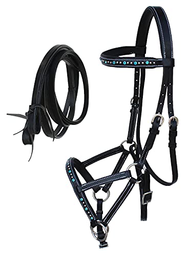 Horse Western Leather Beaded Bitless Sidepull Bridle Reins Rhinestone - color: Black/Turquoise