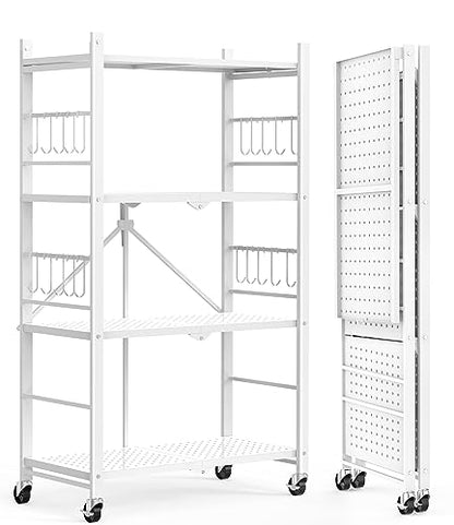 Himix 4-Tier Foldable Metal Storage Shelf with Wheels Kitchen White - color: White, size: 4-Tier