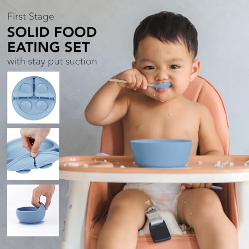 Silicone Baby Feeding Set Whimsy Blue Infant Tableware Collection with Bib Suction Bowl Utensils Straw Cup Snack Container - color: Whimsy Blue