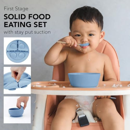 Silicone Baby Feeding Set Whimsy Blue Infant Tableware Collection with Bib Suction Bowl Utensils Straw Cup Snack Container - color: Whimsy Blue