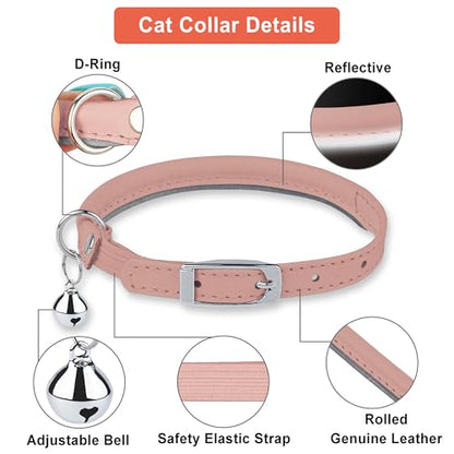 OOPSDOGGY Rolled Leather Cat Collar with Bell, Reflective Kitten Collars with Buckle Include Safety Elastic Strap - Adjustable Small Pet Collars for Boy Girl Cats (Blush) - color: Blush