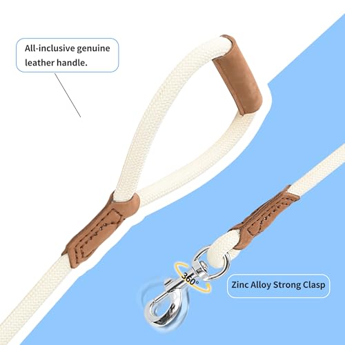 Mile High Life Dog Leash with Genuine Leather-Wrapped Ends/Handle, 4/5/6FT - color: Cream White, size: 48 Inch-1/2"