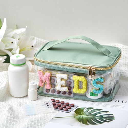 Geetery Chenille Letter Bag, Meds Cheer Travel Cases Cheerleader Gifts Cosmetic Bag Nylon Makeup Portable Preppy Patch with Zipper Toiletry Storage Case for Women(Sage Green,Meds) - color: Sage Green, style: Meds