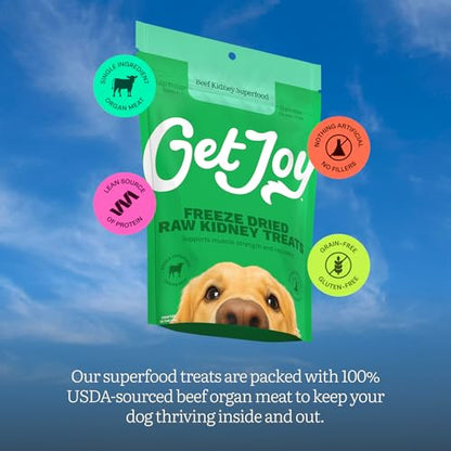 Get Joy Freeze Dried 100% Beef Kidney Dog Treats, 4oz | Single Ingredient Organ Meat, High Protein Raw Dog Food Topper, Snack & Training Rewards | Grain Free, Gluten Free, Filler Free - size: 4 Ounce (Pack of 1)