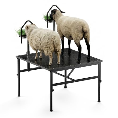 Goat Milking Stand,1000LBS Metal Goat Stand with Feed Bin,Headpiece, Livestock Trimming Stand with Adjustable Height 15.7" to 25.6", Dual-Table Design Sheep Stand for Goats and Lambs, Black