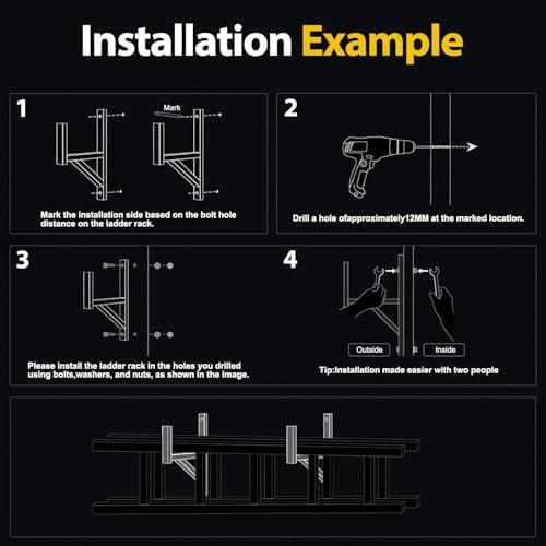 4 Rack Heavy Duty Side Mount Trailer Ladder Rack with Rubber Pads Bungee Cords 353 LBS Capacity Adjustable Steel Ladder Rack for Enclosed and Open Trailers - size: 4