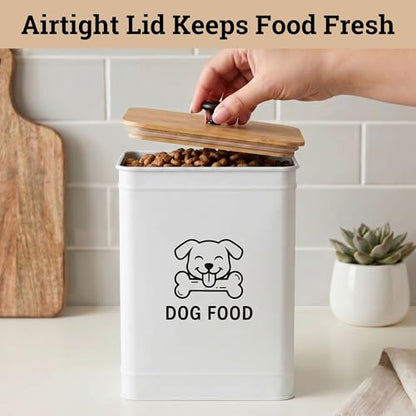 Metal Dog Food Container 5-7lb, 25 Cup w/ Airtight Bamboo Lid, Metal Handle - color: White: Dog Face
