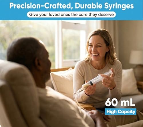 60ml Catheter Tip Syringe with Covers 10 Pack by Tilcare - Sterile Plastic Medicine Food Droppers for Children, Pets or Adults – Latex-Free Oral Medication Dispenser - Large Feeding Tube Syringes
