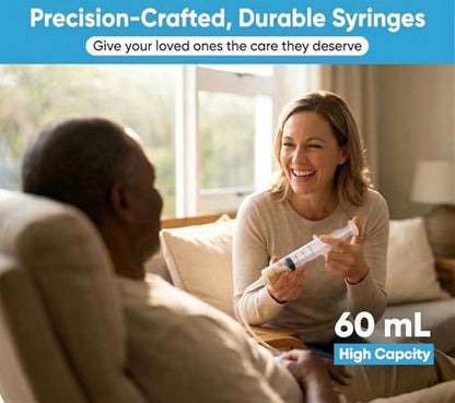 60ml Catheter Tip Syringe with Covers 10 Pack by Tilcare - Sterile Plastic Medicine Food Droppers for Children, Pets or Adults – Latex-Free Oral Medication Dispenser - Large Feeding Tube Syringes