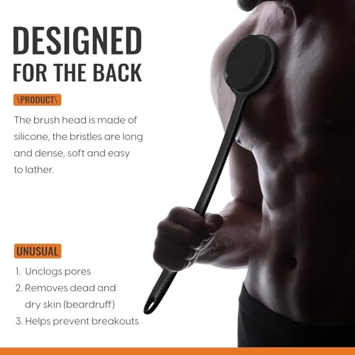 Silicone Back Scrubber for Shower, 17in Lengthen Long Handle Body Brush, Double Sided Shower Brush for Shower Exfoliating and Massage Can Produce Rich Foam, Long Handle Back Scrubber for Men - color: Black+gray