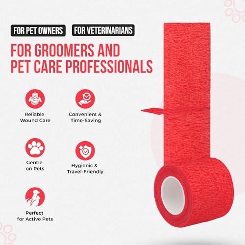 JorVet 2" x 5 Yards Cohesive Bandages | Fun Self-Adhesive Wrap for Animal Wound | Easy Tear, No Scissors Needed | Individually Wrapped Vet Tape, Secure & Flexible | Brilliant Red | Pack of 12