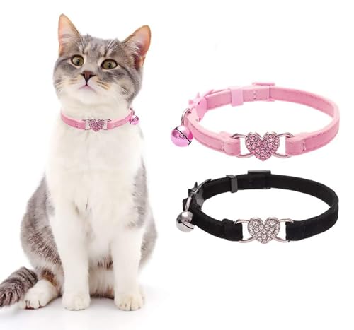 BINGPET Cat Collar Breakaway with Bell, Bling Kitten Collar,Pink&Black - color: Heart (Pink + Black)-2pcs