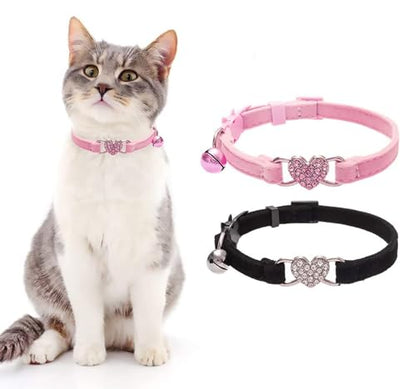 BINGPET Cat Collar Breakaway with Bell, Bling Kitten Collar,Pink&Black - color: Heart (Pink + Black)-2pcs