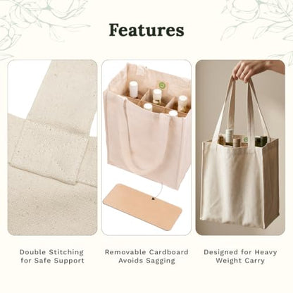 Six Bottle Canvas Wine Tote Bag - Premium Material, Extremely Sturdy, Washable & Reusable Wine Carrier Bag - Double Stitched Reusable Wine Bags - Sturdy 6 Bottle Wine Carrier (1 Bag)