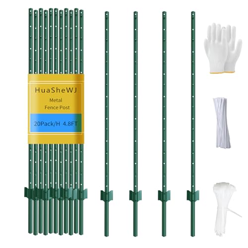 Metal Fence Post 4.8 Feet Green, Pack of 20, T Post for Wire Fence, No Dig Steel U Posts Fencing for Lawn Garden Wire Mesh Fences Poles Sign Outdoor - color: Green 20pcs, size: 4.8 ft.