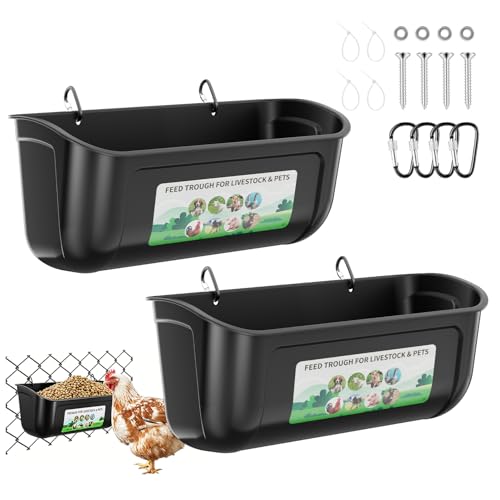 Chicken Feeder Waterer Set, Hanging Fence Feed Trough for Livestock Poultry, Chicken Feeder Bucket for Goat Sheep Deer Poultry Duck Gooses（ 2 * 2.7 Quart ） - color: Black