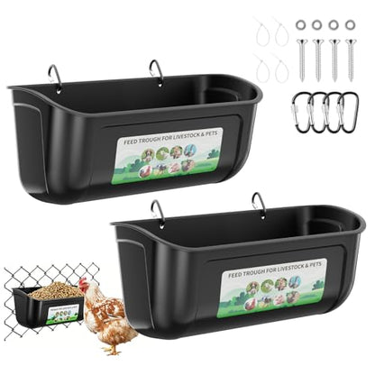 Chicken Feeder Waterer Set, Hanging Fence Feed Trough for Livestock Poultry, Chicken Feeder Bucket for Goat Sheep Deer Poultry Duck Gooses（ 2 * 2.7 Quart ） - color: Black