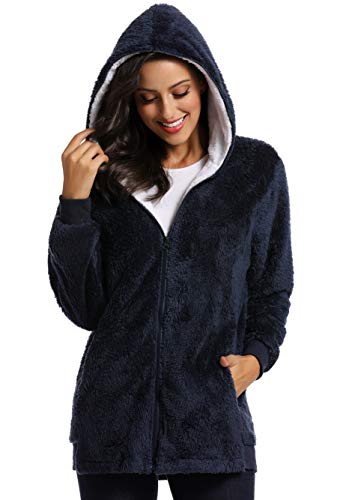 Fleece Coat for Women,Women's Oversized Zip Up Hooded Jacket Winter Plus Size Sherpa Coat - color: Anavyblue, size: Large