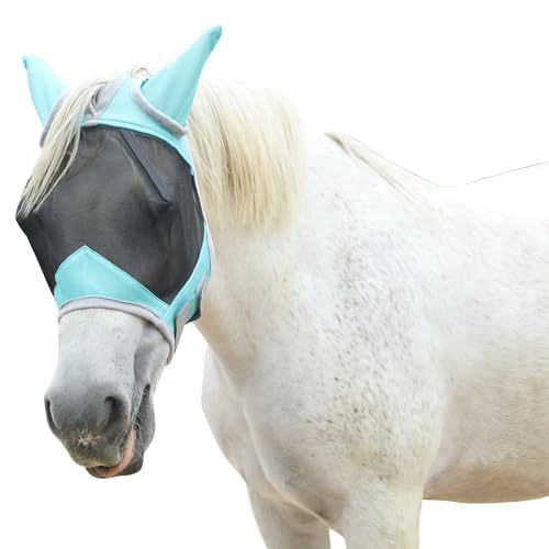 Horse Fly Mask with Ears, Breathable Fine Mesh Turquoise Cob - color: Turquoise, size: Cob