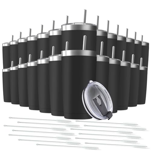 25 pack 20 oz Stainless Steel Insulated Tumbler with Straw and Lid, Double Wall Travel Coffee Mug Vacuum Insulated Bulk Tumbler, Suitable for Vehicle Cup Holders Black - color: Black, size: 25 Count (Pack of 1)